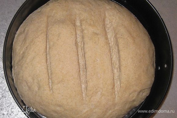 Духовку разогреть до 230 с. На хлеб нанести надрезы. Поставить форму в разогретую духовку, выпекать 10 минут. Затем убавить до 200 с и выпекать 20-30 минут.