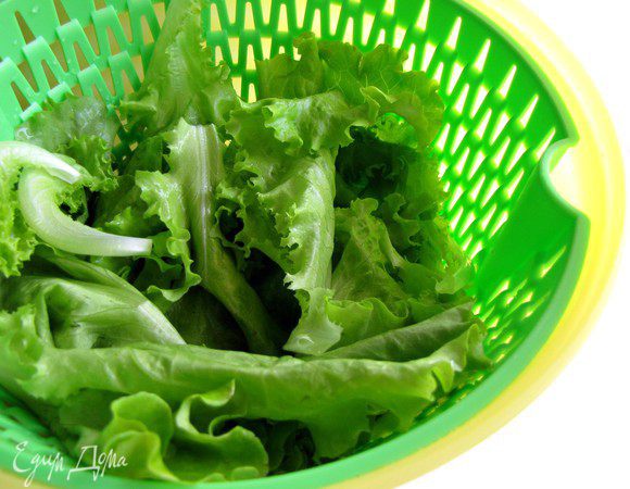 Листья салата вымыть и обсушить.