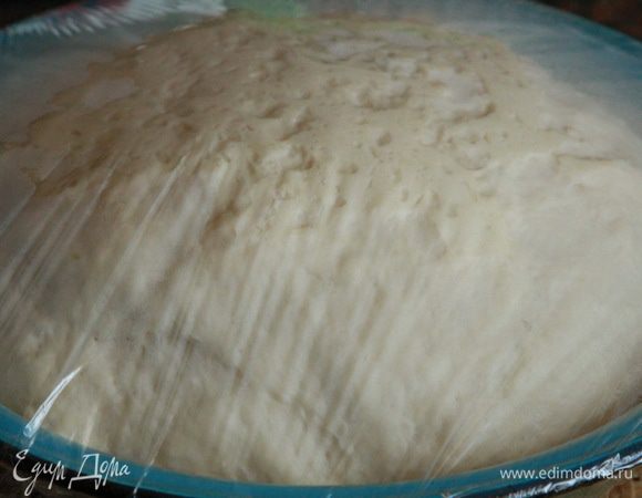 Затягиваем емкость с тестом пленкой и оставляем в теплом месте до увеличения в 2-2,5 раза