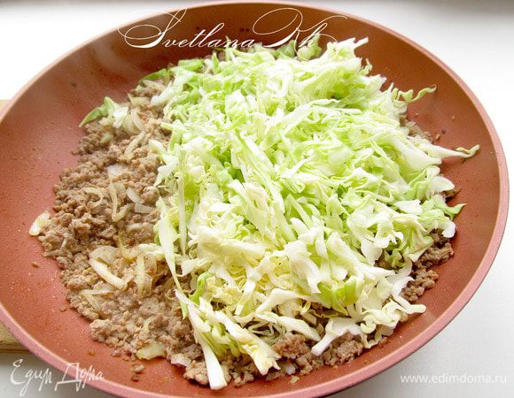 Фарш поджарить в небольшом количестве растительного масла, разминая комочки вилкой. Посолить, добавить перец, специи. Когда фарш изменит цвет добавить лук. Поджарить фарш с луком 5 минут. Влить несколько ложек кипяченой воды. Когда вода испарится, добавить капусту. Снова добавить пол стакана воды, накрыть крышкой и тушить до слияния капусты с мясом. Полученную начинку выложить в отдельную емкость и остудить.