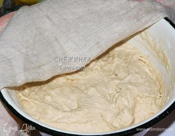 Наливаем «дрожжевое» молоко, перемешиваем хорошо ложкой и оставляем опару подойти в тёплом месте без сквозняков на 1 час. Сверху прикрываем полотенцем.