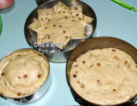 Теперь готовим формы для выпечки. Дно я выстилаю бумагой, смазанной маслом. Бока не смазываю. Тесто достаточно масляное, чтобы не приставало к форме. Тесто обминаем и выкладываем в формы. Заполняем формы не больше, чем наполовину! У меня был случай, когда кулич в маленькой форме вырос настолько, что цеплял верх духовки, когда его надо было вынимать:)) 