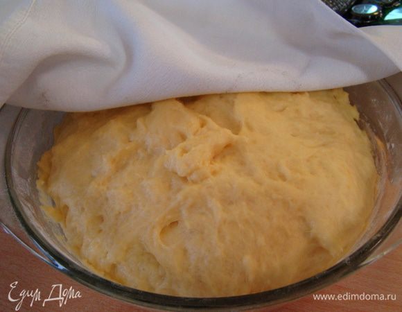 Просеиваем муку, соль - вымешиваем мягкое тесто. Оставляем в теплом месте подходить до увеличения в 3 раза