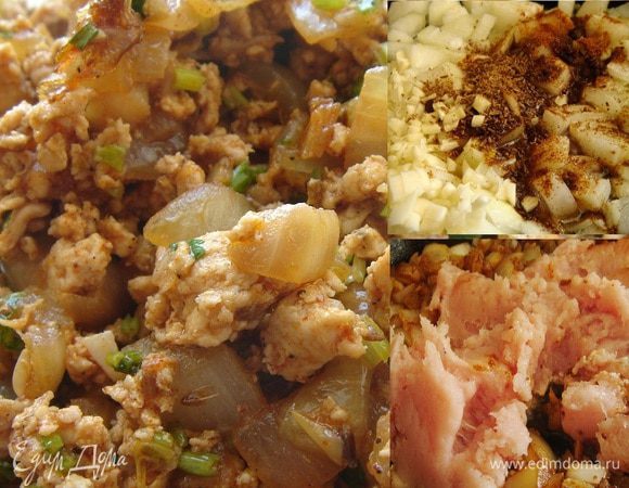 Лук очистить и нарезать крупными кубиками, чеснок измельчить. На оливковом масле обжарить лук и чеснок с добавлением растёртых в ступке специй. Фарш выложить на лук и хорошо размять его вилкой. Обжарить смесь минут 5-7, посолить, поперчить и присыпать измельчённой зеленью. переложить начинку со сковороды и немного остудить. Разделить начинку на 8-10 частей (1/2 от количества шариков теста).