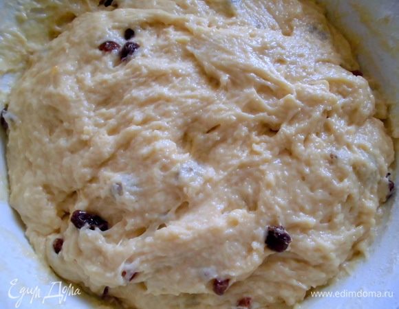 Добавить к опаре оставшееся молоко (если вы не добавили его сразу, как я), растопленное масло, яичную массу (я масло смешала с яйцами для удобства). Тщательно перемешать. Добавлять частями просеянную муку. Ее может понадобиться меньше 1 кг, тесто должно быть густым, но еще очень вязким. Теперь добавить изюм, еще раз вымешать ложкой. Оставить в тепле где-то на 2 часа. Тесто сильно растет, поэтому лучше сразу переложить в емкость побольше.  