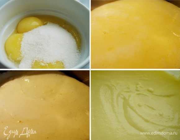 Для приготовления заварного крема необходимо смешать в кастрюле молоко со сливками и поставить на средний огонь. В отдельной миске смешать сахар с крахмалом и ванилином. Добавить желтки и хорошенько взболтать. Как только молоко начнёт закипать, вылить желтковую смесь в молоко и не мешая подождать, когда молоко начнёт закипать по стенкам кастрюли. Желтки всплывут на поверхность и соберутся. В этот момент хорошо размешать смесь до однородного состояния. Этим способом крем готовится моментально! Перелить готовый крем в другую посуду, покрыть пищевой плёнкой и полностью охладить в холодильнике.