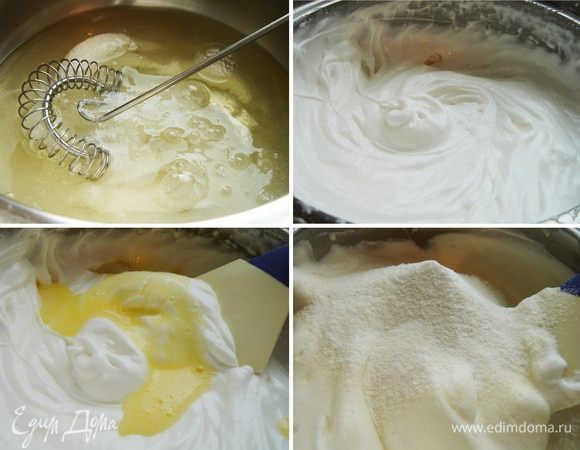 Для приготовления бисквита необходима водяная баня. В бОльшую кастрюлю налить немного воды. В меньшую вылить белки и сахар. Установить маленькую кастрюлю на большую и, помешивая, нагреть белки до 45*С (немного жжёт палец). Снять кастрюлю с белками с водяной бани и взбить белки в очень крепкую пену. Желтки взболтать и аккуратно, частями подмешать к белкам. Затем муку соединить с крахмалом, частями просеять на белковую массу и так же аккуратно смешать.