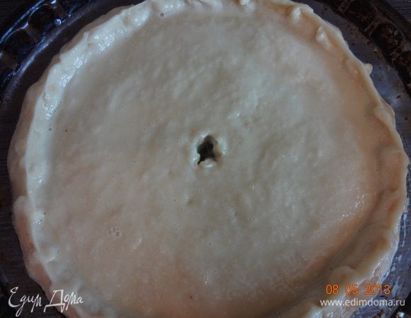 Начинку выложить на тесто, распределить равномерно. Вторую часть раскатать также в пласт, уложить поверх начинки, края защипать, верх смазать желтком, смешанным со сливками, не забыть сделать дырочку для выхода пара и отправить в разогретую до 190 С духовку на 45-50 минут.