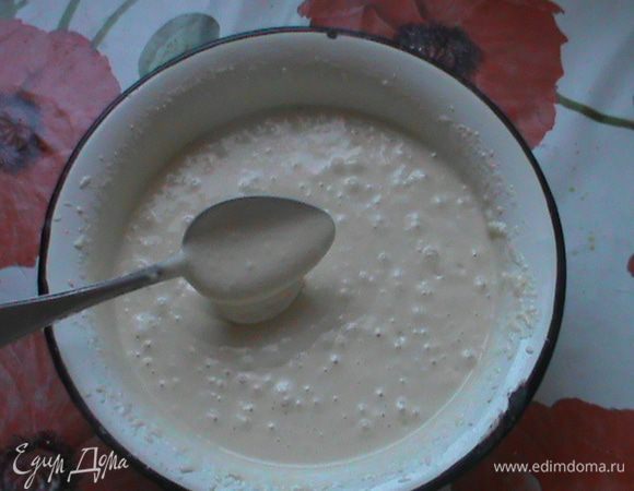 Домашнее квашеное молоко тщательно смешать с яйцами и просеяной мукой, сахором, ванилью,солью. Взбить венчиком (миксером), чтобы тесто получилось, как сметана-гладкое и пышное. К концу взбивания добавить разведённую в ложке воды соду.