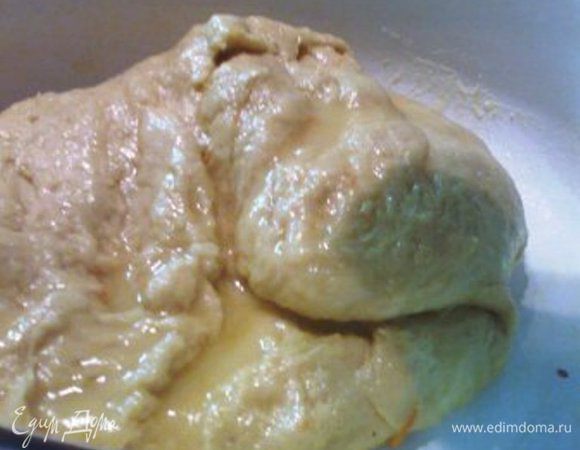 Берём растопленное масло (в этом году я сама стопила сливочное масло) и вмешиваем небольшими порциями в тесто. Чтобы собрать, можно немного капнуть растительного масла. И вымешиваем до упругой формы. Тесто  выкладываем в миску, накрываем плёнкой и укутываем в тепло. Ставим на 3-4 часа для подъёма. Я ставила на ночь.