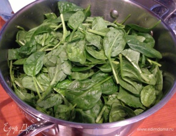 Шпинат тщательно промойте в проточной воде порциями. Доведите бульон до кипения. Частями отварите шпинат (каждую порцию в течение 5-7 минут). Отваренные порции шпината можно собирать сразу в блендере.