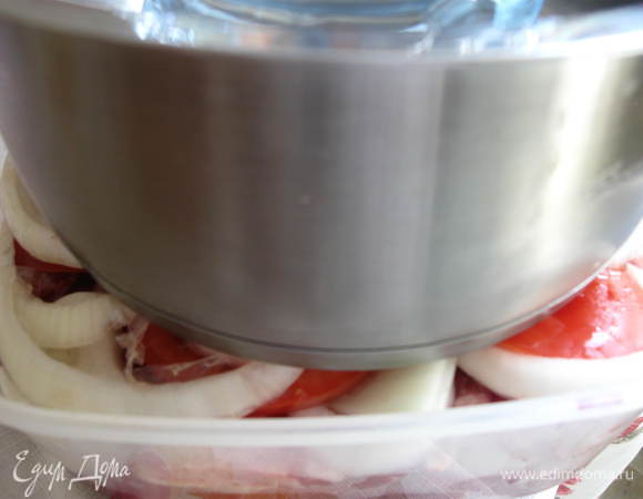 Поставьте на шашлык пресс. Маринуйте мясо 2–4 часа. 