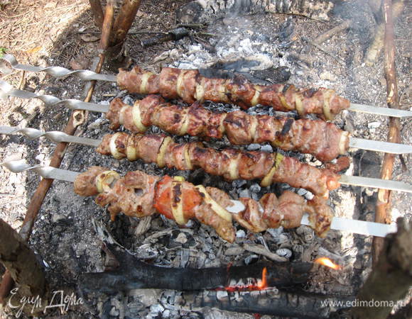 Нанижите на шампуры мясо и пожарьте над углями. Хорошая компания и веселое настроение — залог успеха удачного шашлыка!