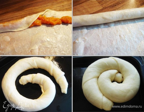 Прикрыть начинку тестом и немного его прижать. Скрутить тесто в рулет и перенести на смазанный маслом противень. Скрутить рулет в "улитку", не соединяя тесто между собой. Раскатать оставшиеся шарики теста, начинить и скрутить в рулеты, а затем и в "улитки".  Прикрыть булки полотенцем и оставить на 20 минут для подъёма. Смазать булки смальцем или маслом.