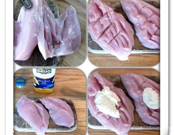 Куриное филе подготовить, сделать надрезы с одной стороны, натереть хреном со сливками