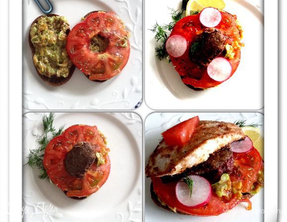 Собираем СМЕРРЕБРОД. 
1. Хлеб намазать сливочным маслом, перемешанным с хреном. или он сам пропитается маслом, которое выделится из овощей.
2. Положить кабачок с морковью, придавить
3. Положить помидор
4. В дырку в помидоре положить печень, вокруг редис
5. Накрыть горячим филе.
6. Украсить хрустящим луком (я не успела).