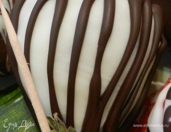 Обмакивайте клубнику сначала в белом шоколаде. Аккуратно наколите на пенопласт. Поместите на несколько минут в холодильник. Затем нанесите черный/ и/или молочный шоколад, формируя полосатые узоры. Другую клубнику обмакните сначала в черный шоколад, охладив, нанесите узоры белым шоколадом. На клубнику в черном шоколаде еще красиво делать узоры и молочным и белым шоколадом. Накалывайте на пенопласт и охлаждайте. 