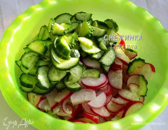 Овощи и зелень моем. Огурцы и редиску нарезаем полукольцами.