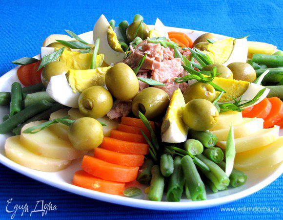 ....и другие овощи. Посыпать салат нарезанным зеленым луком и оливками, полить заправкой. Приятного аппетита!