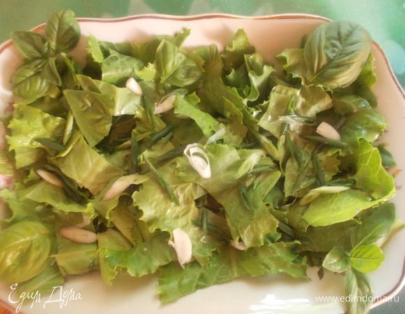 На блюдо порвать листья салата, базилика и порезать лучок.
