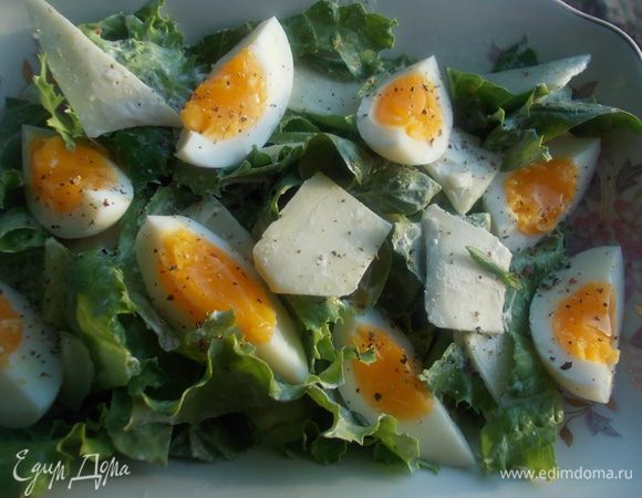 Сверху порезать яйца и сыр на овощерезке,чтобы получились тонкие пластинки. Затем все заправить немного взбитым оливковым маслом с солью, сливками и перцем. Подавать к столу!!!!!