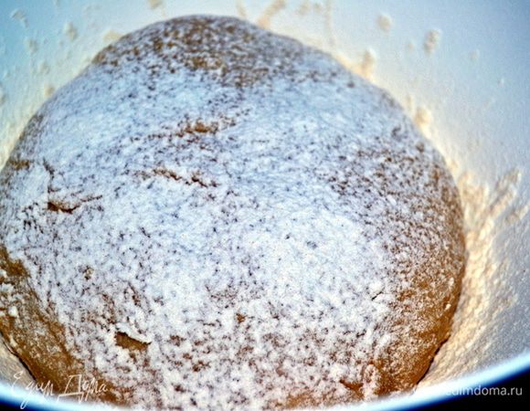 Проверить степень подъема теста: сделайте в тесте ямку пальцем и подождите 5 минут, если ямка не исчезает, значит тесто поднялось достаточно. Подпылить рабочую поверхность мукой. Выложить тесто, немного вымесить, сформировать шар и вернуть в миску еще на один подъем.
