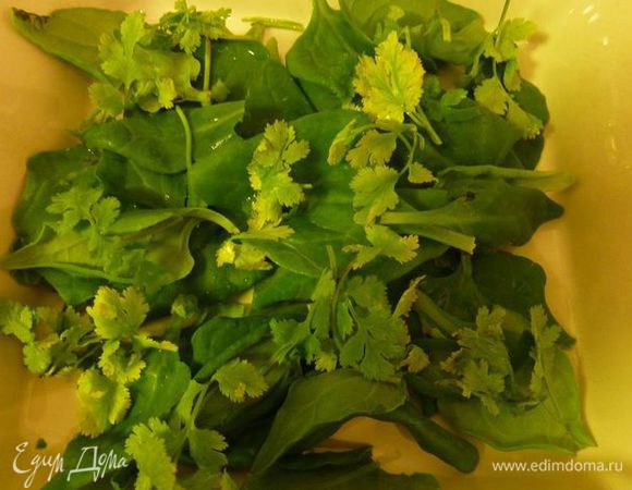 Разложить шпинат с кинзой на блюдо  
