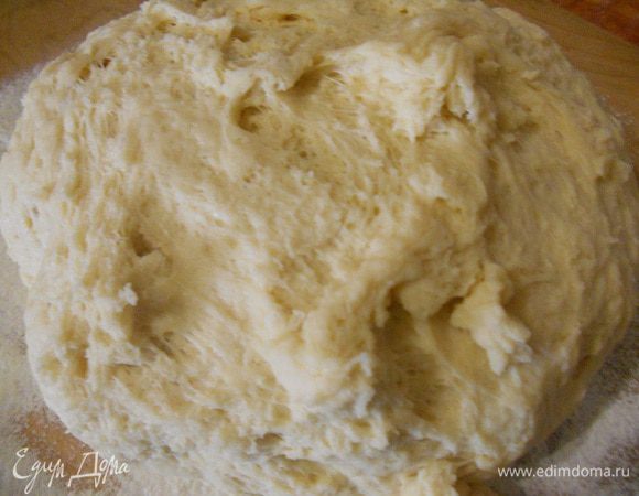 Выложить подошедшее тесто на доску посыпанную мукой и подмесить.