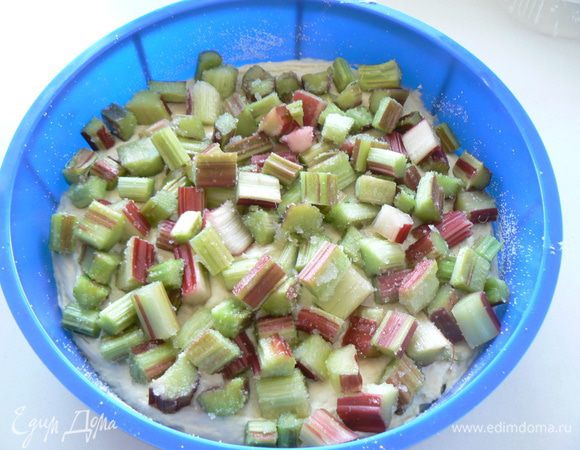 половину теста вылейте в форму и разровняйте. Ревень распредедите его по тесту. 