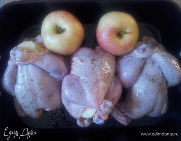 В форму укладываем кур, сбрызгиваем их оливковым маслом, солим перчим, обсыпаем травой.