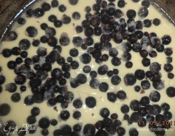 Форму для выпечки смазать сливочным маслом, посыпать панировочными сухарями. Вылить в форму половину теста. На тесто выложить ягоды. А на ягоды вылить оставшееся тесто.