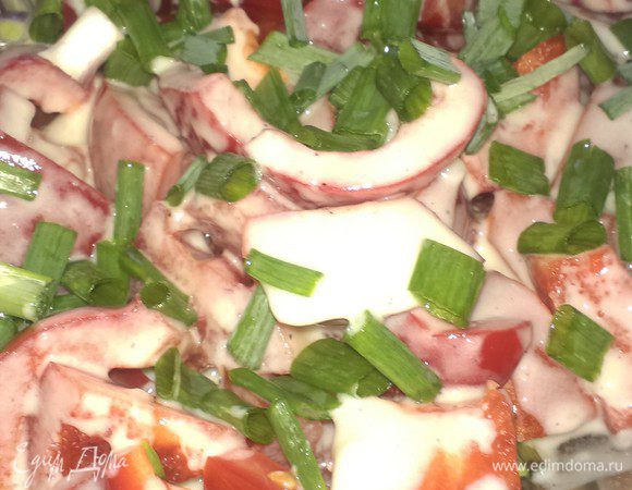 Затем поливаем кремом сверху, негусто и нарезаем для украшения зеленый лук
Готово! Приятного аппетита!