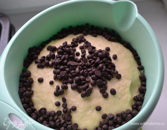 Тесто должно дважды подойти. После первого,подхода когда тесто увеличится в 2 раза,   нужно обмять тесто и добавить шоколадные капли.