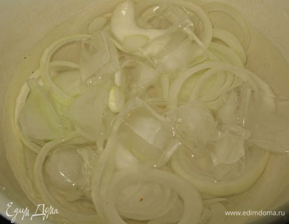 Лук чистим, режем кольцами. Складываем в мисочку, заливаем холодной водой и добавляем лед. Ставим в холодильник (лучше на час, но как получится). Лук в холодной воде потеряет остроту и приобретет хрупкость.