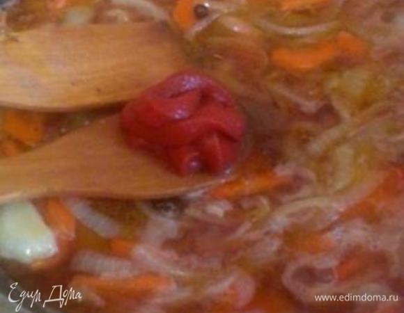 Добавляем томатную пасту. Тщательно смешиваем ее с соусом до растворения. Томите соус на медленном огне около 20–30 минут. Если вам хочется сделать соус более острым, не спешите сейчас его сильно перчить, перчите его в момент соединения с мясом. Вкус будет более ярким.