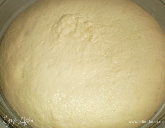 Муку просеять через сито, добавляя ее понемногу,  замесить мягкое, эластичное, слегка липнущее к рукам тесто (муки может пойти чуть больше или меньше, зависит от плотности муки). Скатать тесто в колобок, положить в миску и накрыть пленкой, убрать в тёплое место для подхода. За это время обмять тесто один-два раза.
