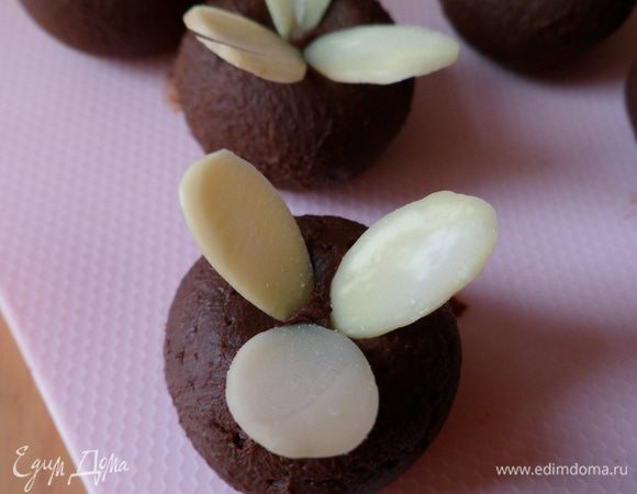 затем берем лепестки миндаля и аккуратно крепим на шариках, отправляем в холод (шоколадные шарики останутся несколько дней нежными мягкими)