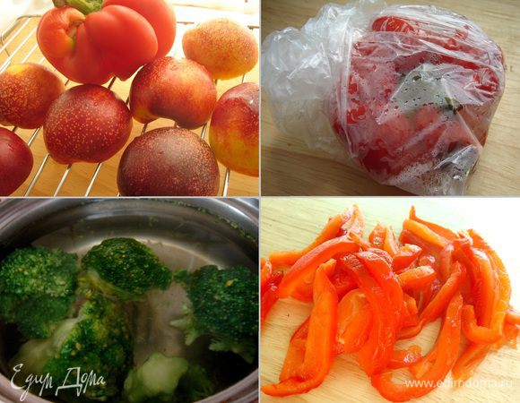 Нектарины разрезать пополам, удалить косточки, смазать фрукты растительным маслом. Выложить перец и нектарины срезом на решетку. Под решеткой установить поднос для стекающего сока и запекать при 200°C. Нектарины запекать 15–20 минут, перец — около 30 минут. Перец снять с решетки, поместить в целлофановый пакет и оставить на 7–10. В это время отварить брокколи в подсоленной воде до полуготовности. Затем снять с перца шкурку и удалить семена. Нарезать перец длинными полосками, нектарины разделить на 4 дольки.