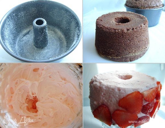 Духовку разогреть до 180*С. Кольцевую форму (20-22 см) смазать маслом и присыпать мукой или манной крупой. Выпекать кекс около получаса и остудить в форме. 
Сливки взбить с сахарной пудрой, ванильным сахаром и загустителем для сливок в устойчивую пену. Около 50 г ягод измельчить в блендере и, при желании, протереть через сито. Аккуратно смешать со взбитыми сливками. 
Смазать кекс сливками и убрать в холодильник. Клубнику нарезать тонкими ломтиками и украсить ими кекс.