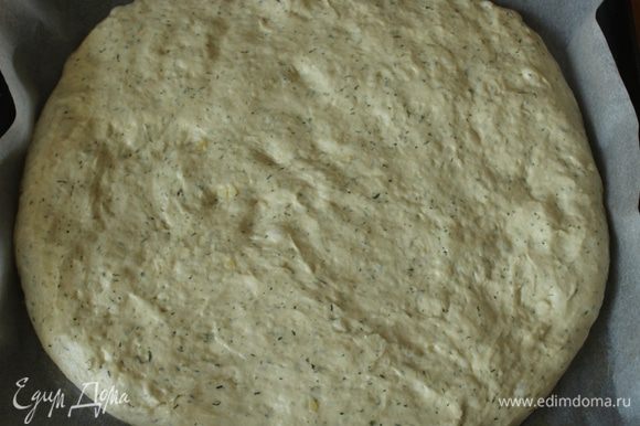 Противень выстелить пекарской бумагой, смазать маслом, выложить тесто и равномерно распределить, приминая тесто кончиками пальцев. Оставить на 45 минут.