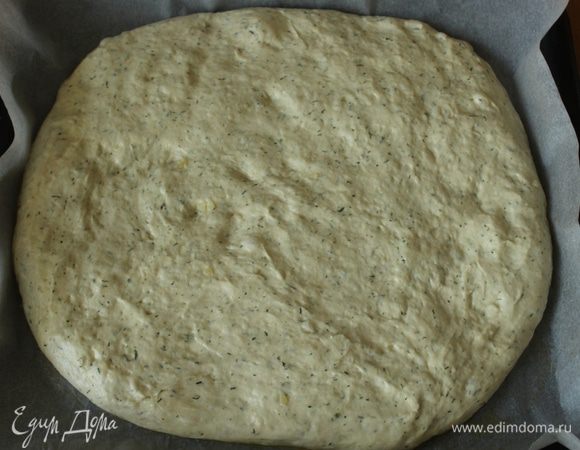 Противень выстелить пекарской бумагой, смазать маслом, выложить тесто и равномерно распределить, приминая тесто кончиками пальцев. Оставить на 45 минут.