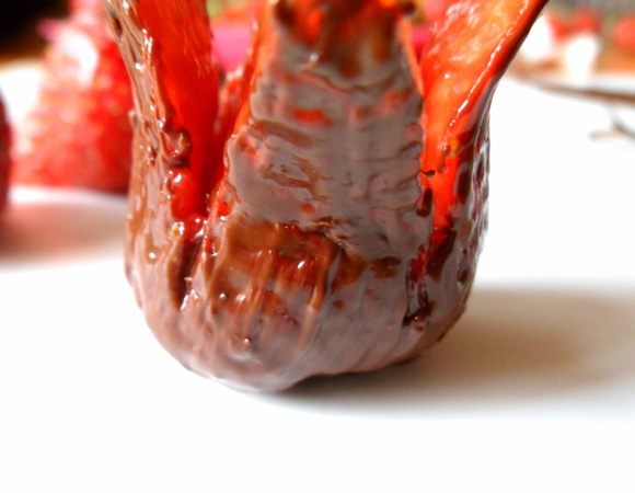 затем ставим наши цветы и продолжаем наносить шоколад кисточкой,но перед этом промокнуть внутри цветков лишнюю влагу