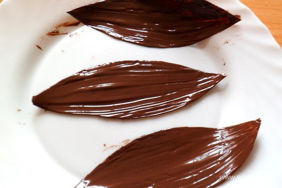 Вырезаем из пекарской бумаги листочки.Затем растопленым шоколадом наносим кисточкой слой шоколада.аккуратно переносим листики на тарелку отправить в холод до застывания минут на 10