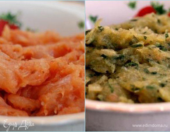 Лук нарезать мелким кубиком, обжарить до приятного золотистого цвета на растительном масле. Остудить. Рыбу отделить от костей и измельчить ножом (можете использовать мясорубку или блендер, мне больше нравится рубленое мясо), добавить яйца, обжаренный лук, соль, перец и хорошо перемешать до однородности.  Слегка обжарить на растительном масле томатную пасту. Остудить. Базилик как можно мельче измельчить ножом. В оригинале использовался шпинат, но у нас дома кое-кто при слове «шпинат» слишком выразительно морщится, поэтому заменила его на всеми любимый базилик. Разделить рыбный фарш на две равные части.  В одну часть добавить томатную пасту, в другую – базилик.