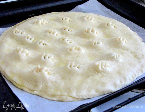 Накрыть вторым пластом, закрепить края.  Смазать маслом. Сделать дырочки в местах сыра и оливок с помощью ножниц. 