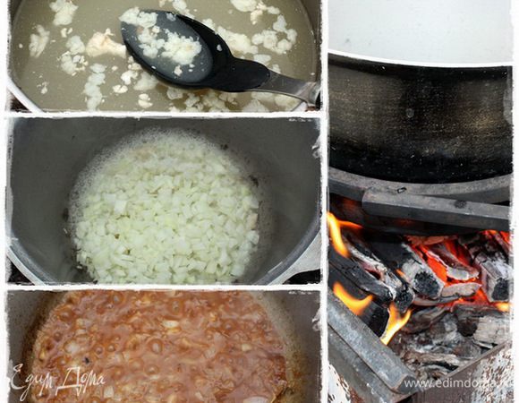 Собираем жир с поверхности бульона и в котелок его. Туда же и лук. Тушим лучок минуток пятнадцать. Конечно, придется добавить ещё бульончику. С огнем не переусердствуйте – есть опасность спалить лук.