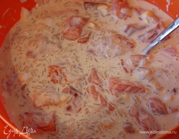 Добавляем туда нашу сливочно-сырную смесь, перемешиваем и отставляем в сторону.