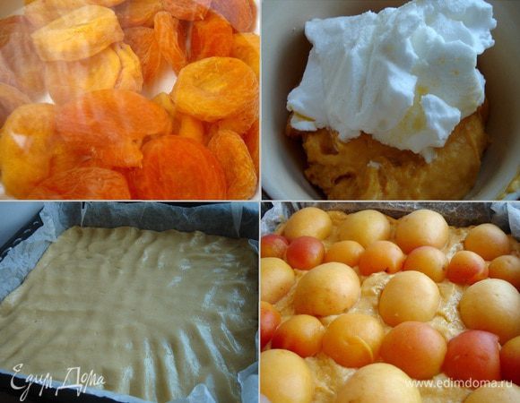 Курагу замочить в тёплой воде. Слить воду и взбить курагу с яичным желтком, сливками, ванилином и крахмалом в однородную массу. Отдельно взбить белок и подмешать его к фруктовому пюре. Форму (20х20 см) застелить пергаментом. Выложить тесто в форму и распределить рукой по дну формы. На тесто выложить фруктовое суфле, а затем половинки абрикосов. Выпекать при 180*С около 40 минут. Готовый пирог полить глазурью из растопленного со сливками белого шоколада. Приятного чаепития!