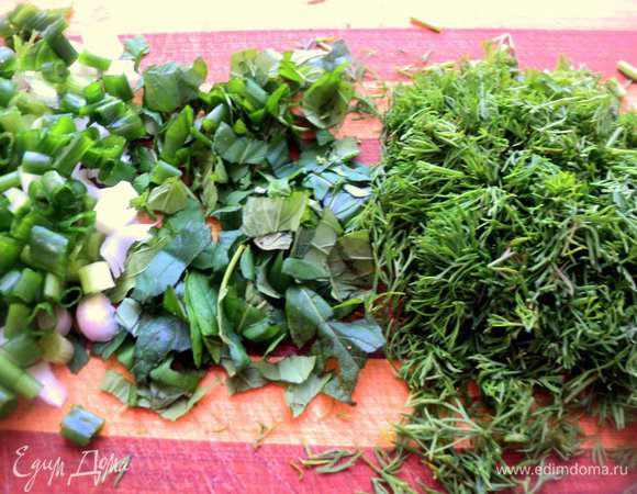 Мелко нарезать укроп, зеленый лук и листики мяты.