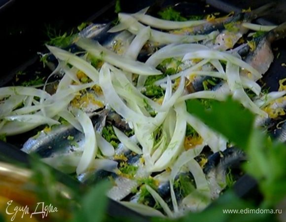 Фенхель нарезать очень тонкой соломкой, зелень мелко порубить.